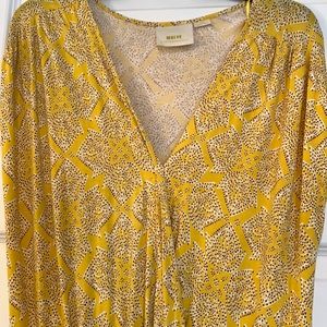 Maeve large dress yellow with dark purple/white pattern.